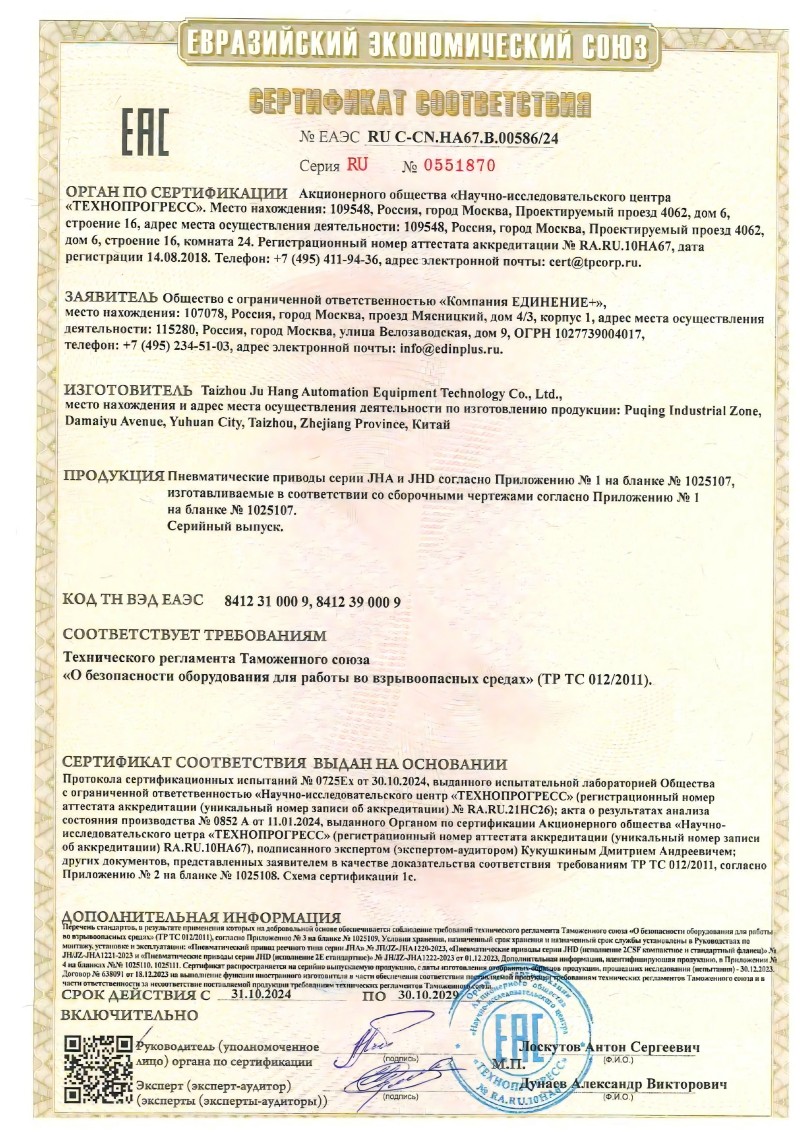 Juhang -ovi pnevmatični aktuator izdelki so uspešno opravili certifikat EAC